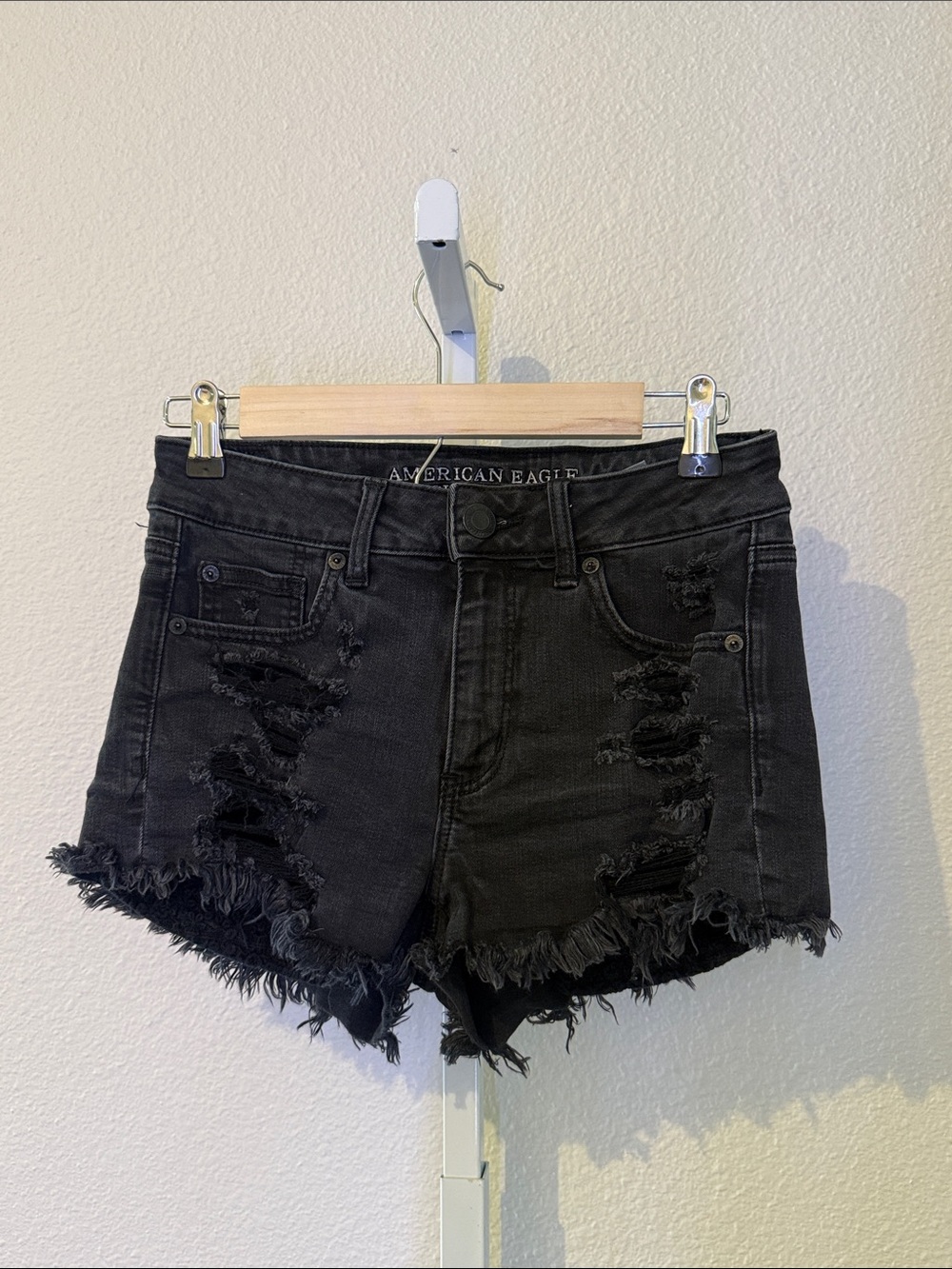 American Eagle Outfitters High Rise Shortie Black Ripped Denim Shorts